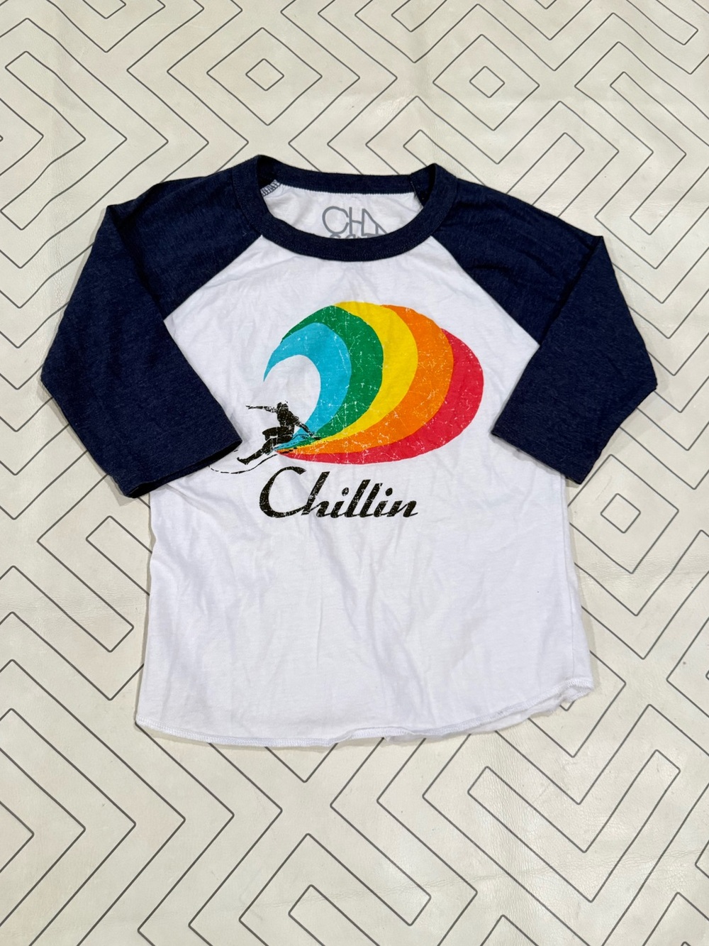 Chaser Chillin Raglan Tee in Navy & White with Rainbow Wave